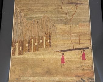 Cuadro vintage enmarcado con escena de aldea africana con hojas de plátano, 11x14 pulgadas, marco negro, arte popular.