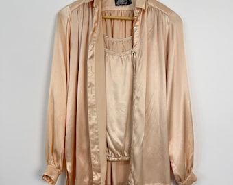 Completo vintage Ellen Tracy a 3 pezzi: camicetta 7/8 in raso color champagne, canotta e pantaloni stile disco glamour.