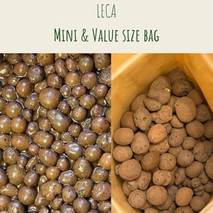 May include: Two images of LECA (Lightweight Expanded Clay Aggregate) in a mini and value size bag. The LECA is a reddish-brown color and appears in small, rounded shapes. The text "Green Threshold" and "LECA MINI & VALUE SIZE BAG" is displayed in the image.