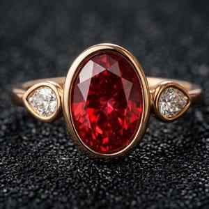 Oval Ruby Engagement Ring with Diamond Accent, 10K Yellow Gold Bezel Wedding Ring, Two Stone Promise & Anniversary Ring, Handcraft Jewellery