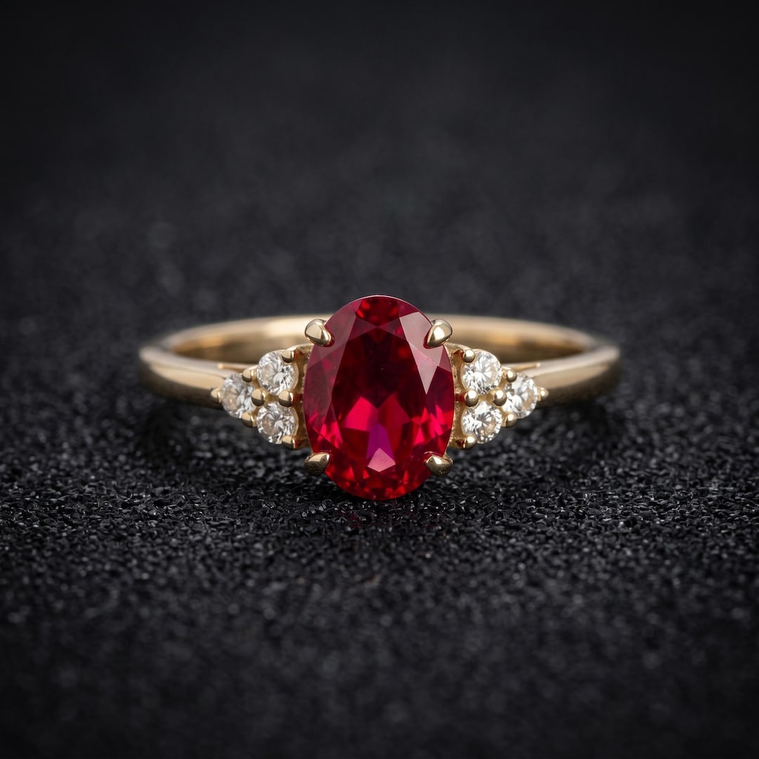 14k Solid Gold Ruby Engagement Ring Oval Cut Ruby Promise Ring CZ ...