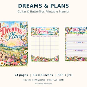 Puede incluir: Un conjunto de planificador imprimible titulado Dreams & Plans con una guitarra, mariposas e ilustraciones florales. Incluye una portada, un calendario de enero de 2027 y una página de programación semanal. 24 páginas, 16,5 x 20,3 cm, PDF y JPG.