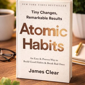 May include: A hardcover book titled "Atomic Habits" by James Clear. The book cover is white with gold lettering and the text "New York Times Bestseller". The book promises an easy way to build good habits and break bad ones.