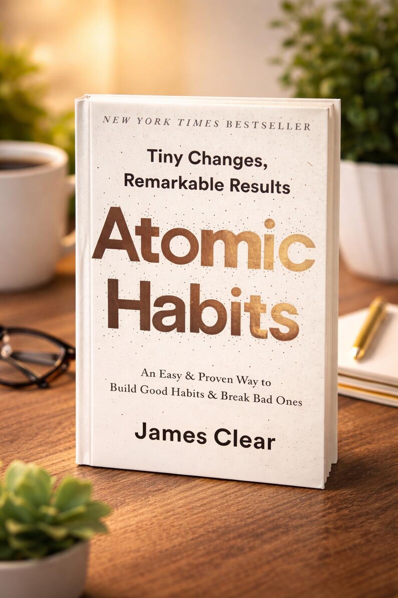 May include: A hardcover book titled "Atomic Habits" by James Clear. The book cover is white with gold lettering and the text "New York Times Bestseller". The book promises an easy way to build good habits and break bad ones.