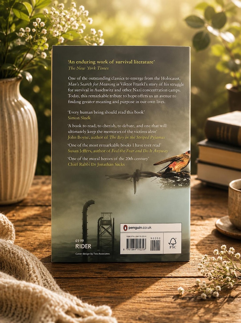 May include: The back cover of a book titled "Man's Search for Meaning" by Viktor Frankl, with quotes from The New York Times and other authors. The book is set on a wooden surface with a vase of flowers and a cup.