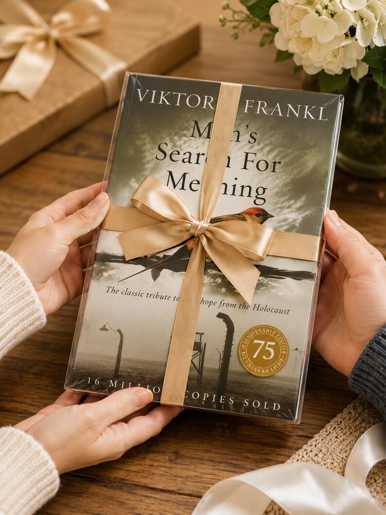 May include: A wrapped book titled "Man's Search for Meaning" by Viktor Frankl, with a gold ribbon and bow. The cover features a bird and the text "75th Anniversary Edition, 16 Million Copies Sold."
