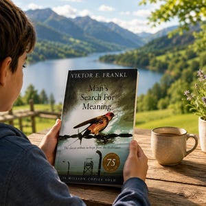 May include: A person holding a book titled "Man's Search For Meaning" by Viktor E. Frankl. The book cover features a bird illustration. A cup of coffee and a potted plant are on the wooden table. The background shows a lake and mountains.