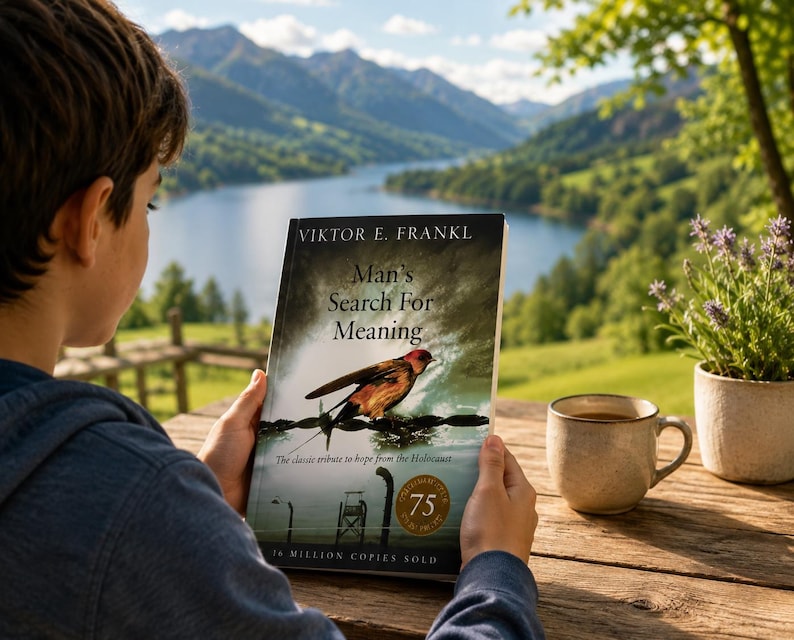 May include: A person holding a book titled "Man's Search For Meaning" by Viktor E. Frankl. The book cover features a bird illustration. A cup of coffee and a potted plant are on the wooden table. The background shows a lake and mountains.