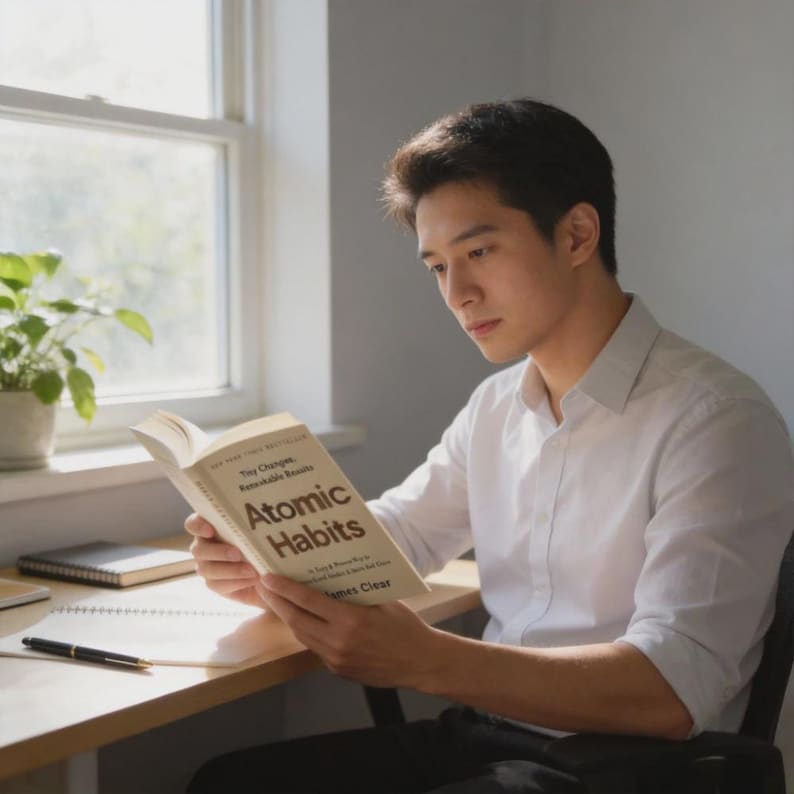 May include: A person seated at a desk, reading a book titled "Atomic Habits" by James Clear. The book has a beige cover with black text. The person is wearing a white button-down shirt. A pen and notebook are on the desk.
