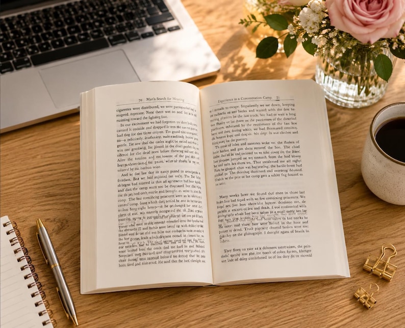 May include: An open book with text, a laptop, a pen, a notepad, a cup of coffee, a vase of flowers, and gold binder clips are arranged on a wooden surface. The book is open to a page of text, and the scene is lit by natural light.