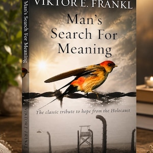 May include: Book cover for "Man's Search For Meaning" by Viktor E. Frankl. The cover features a bird perched on barbed wire against a cloudy sky. Text includes the title, author, and "9 MILLION COPIES SOLD."