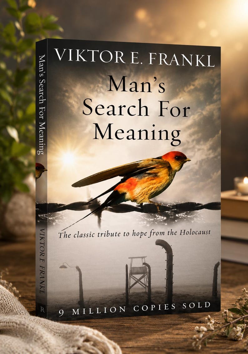 May include: Book cover for "Man's Search For Meaning" by Viktor E. Frankl. The cover features a bird perched on barbed wire against a cloudy sky. Text includes the title, author, and "9 MILLION COPIES SOLD."