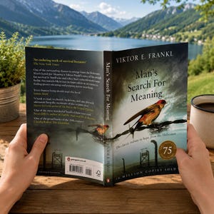 May include: A book titled "Man's Search For Meaning" by Viktor E. Frankl is open, revealing the cover art of a bird perched on barbed wire. The book is held in front of a scenic lake view. The cover celebrates 75 years in print.