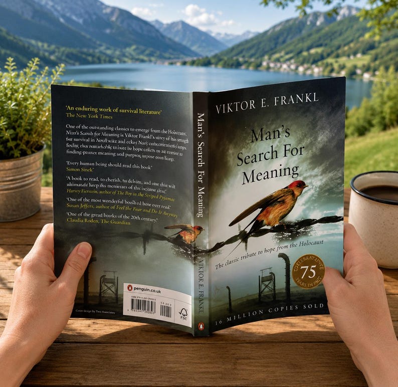 May include: A book titled "Man's Search For Meaning" by Viktor E. Frankl is open, revealing the cover art of a bird perched on barbed wire. The book is held in front of a scenic lake view. The cover celebrates 75 years in print.