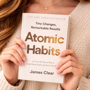 May include: A hardcover book titled "Atomic Habits" is held in front of a person. The book has a white cover with the title in large gold letters. The text "Tiny Changes, Remarkable Results" is above the title. The author's name, James Clear, is at the bottom.