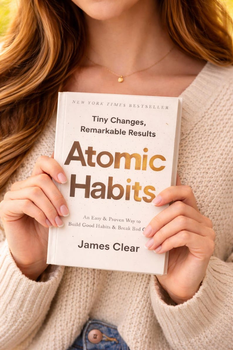 May include: A hardcover book titled "Atomic Habits" is held in front of a person. The book has a white cover with the title in large gold letters. The text "Tiny Changes, Remarkable Results" is above the title. The author's name, James Clear, is at the bottom.