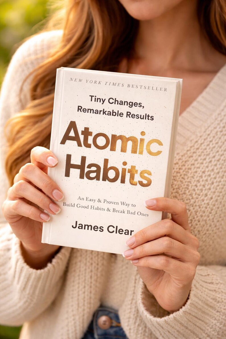 May include: A hardcover book titled "Atomic Habits" by James Clear. The book has a white cover with gold lettering and the text "Tiny Changes, Remarkable Results." The book is a New York Times bestseller and promises an easy way to build good habits and break bad ones.