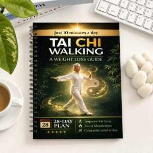 May include: A spiral-bound notebook titled "TAI CHI WALKING: A Weight Loss Guide." The cover features an illustration of a person practicing Tai Chi, with the Yin Yang symbol and bamboo. Additional text includes "Just 10 minutes a day" and a "28-Day Plan."