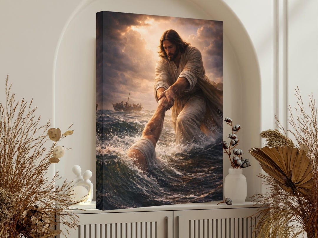 Jesus Walks on Water Art Canvas, Jesus Saves Peter Wall Art, Christian ...
