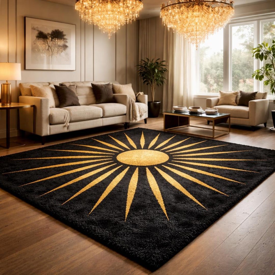 Starburst Rug Gold Black & Gold Sunburst Rug, Modern Luxury Area Carpet, Abstract ...