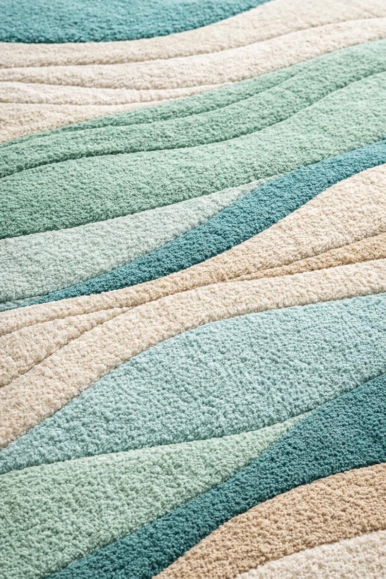 Alfombra abstracta de olas color turquesa, alfombra moderna costera, alfombra ondulada verde beige, alfombra minimalista inspirada en el océano, decoración de sala de estar con mechones de 1,2 x 2,4 m. imagen 5