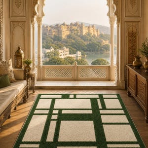 May include: A rectangular area rug with a geometric design. The rug features a pattern of alternating green and beige rectangular shapes. The rug is placed on a wooden floor in a room with a view of a distant building and water.