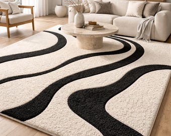 Alfombra ondulada moderna con diseño de ondas en blanco y negro, alfombra abstracta moderna con diseño ondulado, decoración suave para el suelo de 5x6