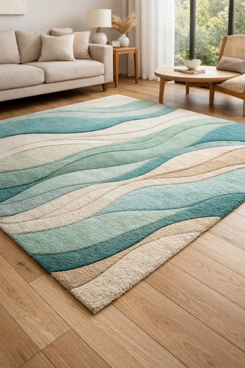 Puede incluir: Una alfombra rectangular con un dise&ntilde;o de olas en tonos azules, verdes y beige. La alfombra, hecha de un material suave y texturizado, est&aacute; colocada sobre un suelo de madera. El dise&ntilde;o evoca una sensaci&oacute;n de movimiento y a&ntilde;ade un toque costero a la habitaci&oacute;n. Mide aprox. 200 cm x 300 cm.