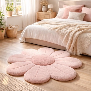 Pink Flower Rug, Daisy Shaped Area Rug, Cute Floral Tufted Carpet, Aesthetic Bedroom Rug, Soft Plush Kids Room Rug, Girly Home Decor 6x6 ft