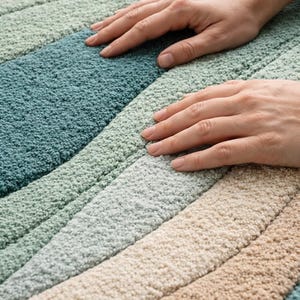 Alfombra abstracta de olas color turquesa, alfombra moderna costera, alfombra ondulada verde beige, alfombra minimalista inspirada en el océano, decoración de sala de estar con mechones de 1,2 x 2,4 m. imagen 3