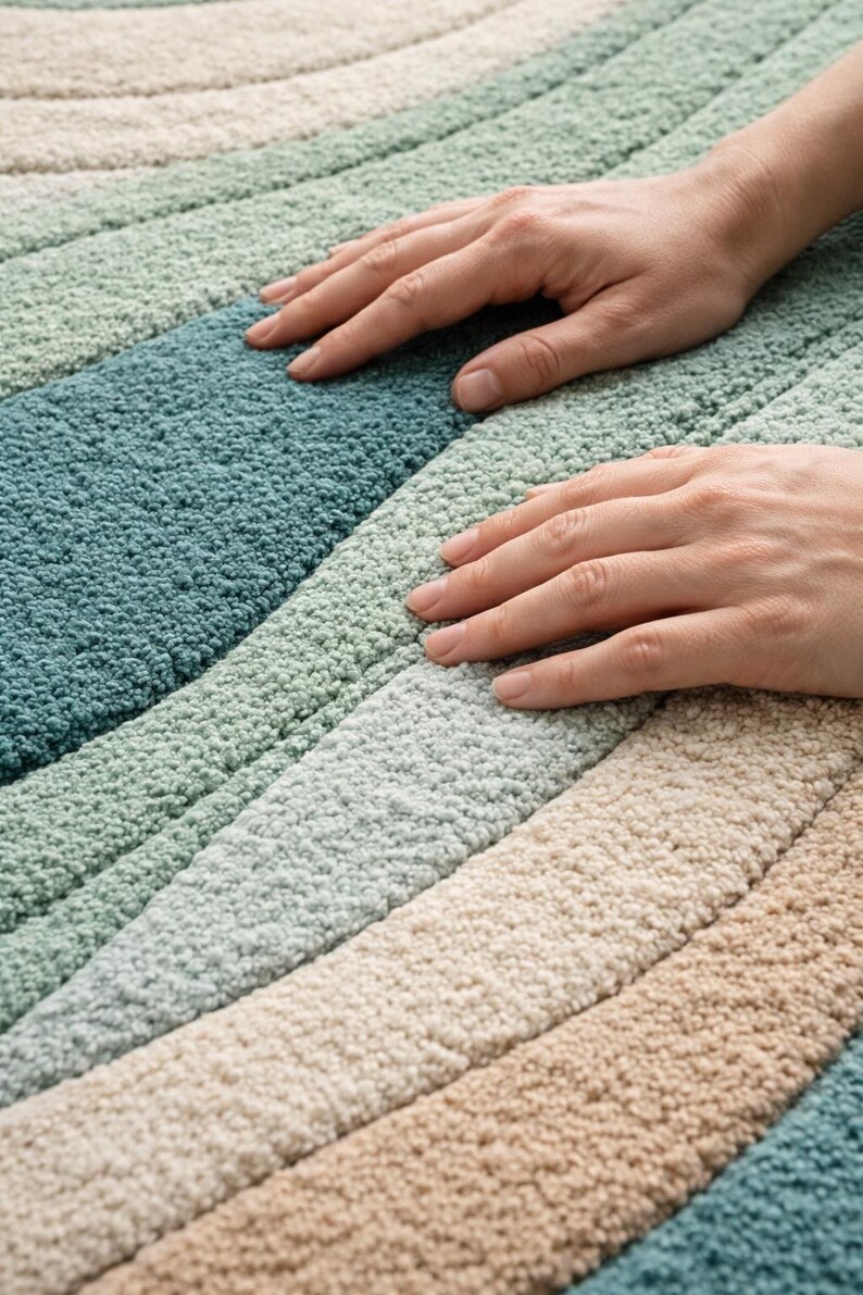 Alfombra abstracta de olas color turquesa, alfombra moderna costera, alfombra ondulada verde beige, alfombra minimalista inspirada en el océano, decoración de sala de estar con mechones de 1,2 x 2,4 m. imagen 3