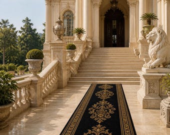 Alfombra de pasillo larga de lana de lujo con diseño floral vintage, color negro y dorado, anudada a mano, estilo oriental tradicional, 3 x 10 pies.