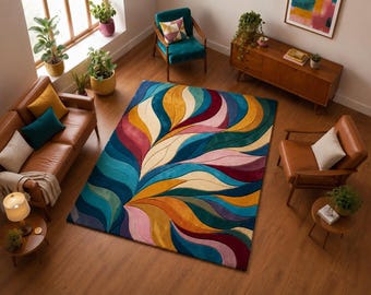 Abstract Modern Rug, Colorful Contemporary Area Rug, Luxury Tufted Wool Rug, Large Living Room Rug, Mid Century Scandinavian Carpet