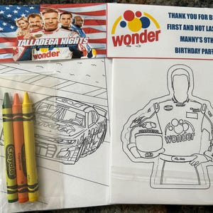 May include: A party favor set featuring a coloring page with a race car and a driver, plus three Crayola crayons. The set includes a banner with the text "Talladega Nights" and "Manny's 9th Birthday Party!"