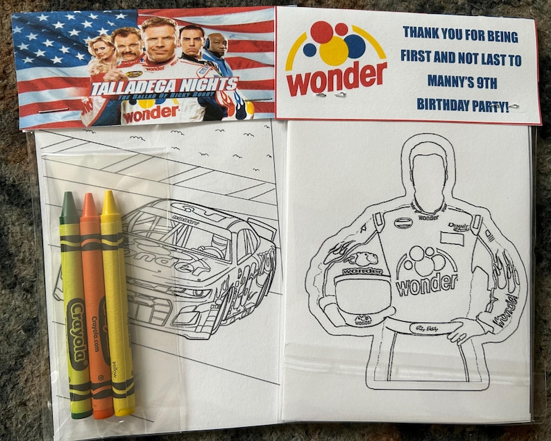May include: A party favor set featuring a coloring page with a race car and a driver, plus three Crayola crayons. The set includes a banner with the text "Talladega Nights" and "Manny's 9th Birthday Party!"