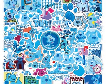 May include: A collection of Blue's Clues stickers featuring the light blue puppy, paw prints, the mailbox, and various character poses. The stickers include text such as Blue's Clues, Enjoy, and Pantone, displayed in a collage of blue-toned graphics.