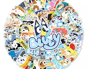 May include: A large collection of circular and die-cut stickers featuring the animated character Bluey and family members in various poses and colorful settings. The central sticker displays the blue dog character with the text Bluey in blue letters.