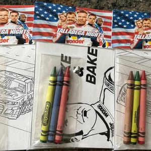 May include: Three activity sets featuring coloring pages with race cars and crayons. Each set includes a crayon pack with various colors and a coloring page with the text "TALLADEGA NIGHTS" and "wonder".