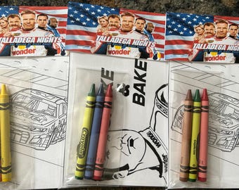 May include: Three activity sets featuring coloring pages with race cars and crayons. Each set includes a crayon pack with various colors and a coloring page with the text "TALLADEGA NIGHTS" and "wonder".
