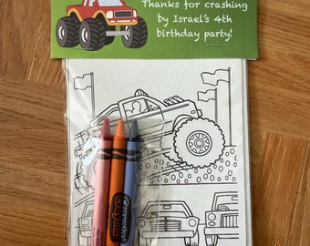 May include: A clear plastic bag containing a coloring book and three crayons. The coloring book features a monster truck design. The bag has a green topper with a red monster truck graphic and the text "Thanks for crashing by Israel's 4th birthday party!"