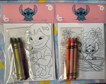 May include: Two clear plastic-wrapped coloring activity sets featuring Stitch on the pink header cards. Each set includes a black and white coloring page and three crayons. One page shows a character, the other shows Stitch in a boat.