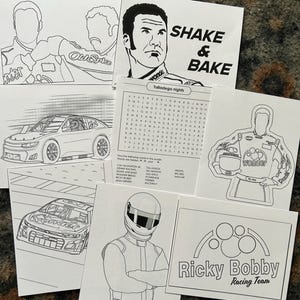 May include: A collection of black and white coloring pages featuring race cars, drivers, and the text "Shake & Bake" and "Ricky Bobby Racing Team." The pages include a word search puzzle and images of race cars.