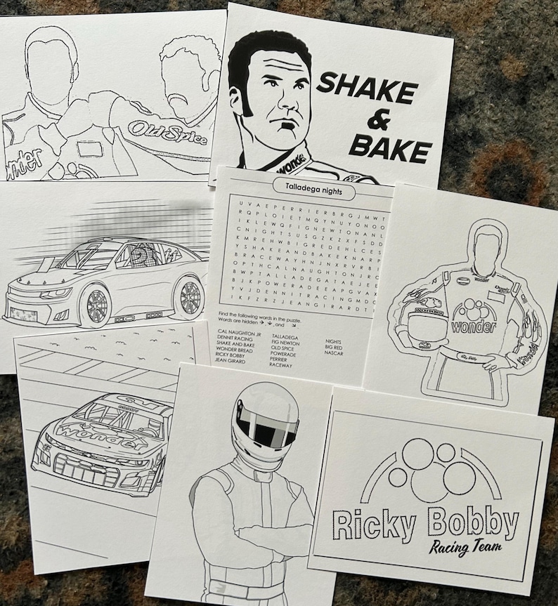 May include: A collection of black and white coloring pages featuring race cars, drivers, and the text "Shake & Bake" and "Ricky Bobby Racing Team." The pages include a word search puzzle and images of race cars.