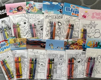 May include: A collection of coloring pages featuring various cartoon characters, each paired with a set of crayons. The pages include characters from Blue's Clues, Peppa Pig, and Oddbods. Some pages have text like "GOWERS GO!" and "Blip".