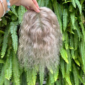 May include: A hair topper featuring wavy, light ash-brown and gray blended hair with a visible center part. The hairpiece has a natural texture and layered length, showcasing a multi-tonal color palette with lighter highlights and darker roots.