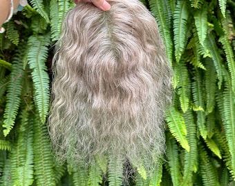 9x12cm Swiss Lace Base Brown Grey Wavy/Curly Hair Topper - Real Human Hair Blend