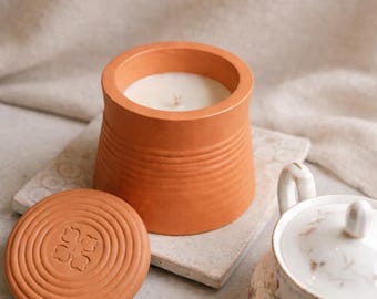 Vela minimalista de cerámica acanalada, cera de soja, decoración neutra para el hogar, vela color naranja terracota