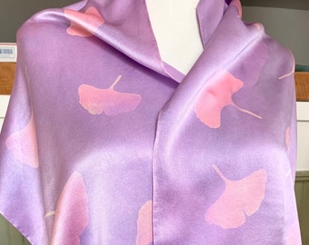 Ginkgo Leaves on Lavender Silk//Hand dyed//Ginkgo Leaf print