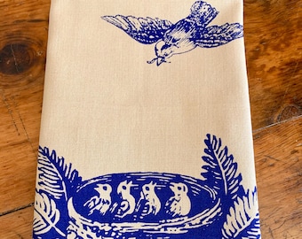 Cotton Tea Towel Hand Printed Vintage Bird and nest