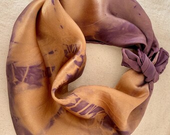 Botanical Silk Charmeuse Shibori Scarf -Plant Dyed Logwood and Cutch -Copper & Purple